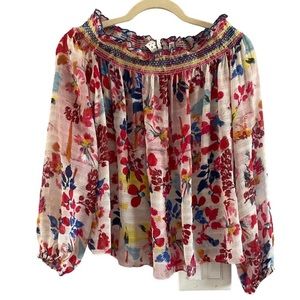 TANYA TAYLOR Floral Silk Off The Shoulder Long Balloon Sleeve Flowy Blouse, Sz 2
